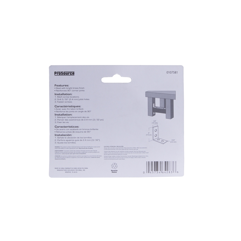 ProSource CB-S03-C4PS Corner Brace, 3 in L, 3 in W, 3/4 in H, Steel, Bright Brass, 2.6 mm Thick Material